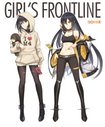 Rule 34 | 2girls, abs, alternate costume, ark john up, barcode, barcode tattoo, breasts, cleavage, copyright name, english text, girls&#039; frontline, hood, hooded jacket, hoodie, isomer (girls&#039; frontline), jacket, long hair, m4a1 (girls&#039; frontline), multiple girls, nyto (girls&#039; frontline), isomer hivemind (girls&#039; frontline), nyto isomer (girls frontline), pants, pantyhose, paradeus, sports bra, stuffed toy, tattoo, white background