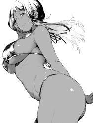 Rule 34 | 1girl, bare shoulders, bikini, breasts, closed mouth, commentary request, dark-skinned female, dark skin, earrings, fingernails, from side, greyscale, hai ookami, hand up, highres, jewelry, large breasts, lips, long hair, looking at viewer, monochrome, original, shiny skin, sideboob, sidelocks, simple background, smile, sol, solo, stomach, swimsuit, thighs, white background