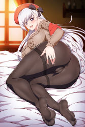 Rule 34 | 1girl, anus, anus peek, ass, azur lane, belfast (azur lane), belfast (shopping with the head maid) (azur lane), blue-senpai, blue eyes, breasts, cameltoe, cleft of venus, feet, huge ass, large breasts, long hair, lying, on bed, on side, pantyhose, silver hair, smile, solo, thick thighs, thighs