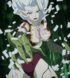 Rule 34 | 1girl, blue eyes, breasts, claws, cleavage, crack, demon, demon girl, demon tail, elf, fairy tail, female focus, highres, large breasts, lips, lipstick, long hair, makeup, midriff, mirajane strauss, pointy ears, red lips, ribbon, scales, scarf, screencap, solo, stitched, tail, thighhighs, third-party edit, white hair