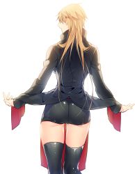 Rule 34 | 10s, 1girl, ass, back, bad id, bad pixiv id, black jacket, black shorts, black thighhighs, blonde hair, breasts, coat lift, covered eyes, from behind, genderswap, genderswap (mtf), hair over eyes, high collar, izumi kouhei, jacket, long hair, long sleeves, medium breasts, parted lips, pepper fever, profile, shiny clothes, shiny skin, short shorts, shorts, sideboob, simple background, skindentation, solo, standing, tailcoat, thighhighs, white background, world trigger