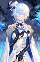 Rule 34 | 1girl, black gloves, blue bow, blue eyes, bow, brooch, closed mouth, collarbone, commentary request, corded phone, dress, elbow gloves, eyepatch, gloves, hair between eyes, highres, holding, holding phone, jacket, jacket on shoulders, jewelry, juexing (moemoe3345), open clothes, open jacket, original, phone, solo, white dress, white hair, white jacket