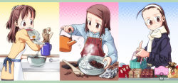 Rule 34 | 3girls, apron, blue background, blush, book, brown eyes, brown hair, chocolate, chocolate making, cooking, english text, glasses, gradient background, hairband, halftone, halftone background, heart, kettle, mixing bowl, mouth hold, multiple girls, nagatsuki misoka, pink background, scarf, shopping, smile, spatula, valentine, whisk, yellow background