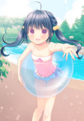 Rule 34 | 1girl, :d, black hair, braid, brown eyes, casual one-piece swimsuit, child, foreshortening, hair bobbles, hair ornament, highres, innertube, one-piece swimsuit, open mouth, original, outstretched hand, pink one-piece swimsuit, pool, smile, solo, swim ring, swimsuit, twintails, usashiro mani