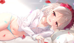 Rule 34 | 1girl, absurdres, bed sheet, blue panties, blurry foreground, blush, braid, breasts, cleavage, cross hair ornament, fang, flower, flower wreath, glint, hair ornament, highres, honkai (series), honkai impact 3rd, long hair, long sleeves, looking at viewer, lying, navel, on bed, on side, panties, petals, pillow, red eyes, red flower, red rose, rose, rose petals, shirt, silver hair, skin fang, small breasts, smile, solo, theresa apocalypse, theresa apocalypse (luna kindred), underwear, white shirt, zhongwu chahui
