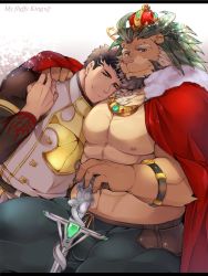 Rule 34 | 2boys, abs, alternate costume, animal ears, arsalan (tokyo houkago summoners), bara, bare pectorals, beard, black bodysuit, black hair, blush, bodysuit, brown eyes, brown fur, bulge, cape, chest hair, couple, crown, facial hair, fingernails, fingers together, fur-trimmed cape, fur trim, furry, furry male, furry with non-furry, green hair, halo, hand on another&#039;s shoulder, head on another&#039;s shoulder, highres, holding hands, interspecies, large pectorals, lion boy, lion ears, looking at viewer, male focus, medium hair, multiple boys, muscular, nipples, pectorals, red cape, sharp fingernails, short hair, skin tight, sparkle, stubble, sword, thick thighs, thighs, tokyo houkago summoners, upper body, wafu (youzora samo18), weapon, whiskers, yaoi, yellow eyes, zabaniyya (housamo)