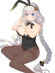 Rule 34 | 1girl, absurdres, ahoge, animal ears, bare shoulders, black leotard, blue eyes, blush, bow, bowtie, bracelet, braid, breasts, brown pantyhose, cleavage, closed mouth, detached collar, fake animal ears, hair between eyes, hair ornament, highres, jewelry, kashiwamochi yomogi, kizuna akari, large breasts, leotard, long hair, looking at viewer, pantyhose, playboy bunny, rabbit ears, silver hair, simple background, sitting, smile, solo, strapless, strapless leotard, thighband pantyhose, twintails, very long hair, voiceroid, white background, wrist cuffs