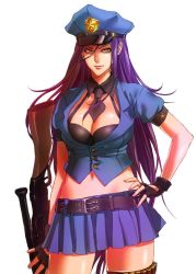 Rule 34 | 1girl, belt, black bra, black gloves, black necktie, blouse, bra, breasts, caitlyn (league of legends), cleavage, commentary, cowboy shot, crop top, detached collar, fingerless gloves, gloves, gun, hand on own hip, hat, highres, holding, holding weapon, large breasts, league of legends, long hair, miniskirt, multicolored hair, navel, necktie, non (nonzile), officer caitlyn, open clothes, open shirt, peaked cap, pink lips, pleated skirt, police, police hat, police uniform, policewoman, purple hair, rifle, shirt, short sleeves, skirt, slit pupils, solo, stomach, thigh strap, thighs, underwear, uniform, weapon, yellow eyes