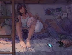Rule 34 | 1girl, barefoot, black hair, book, brown eyes, controller, creatures (company), digital media player, einri, game controller, game freak, highres, holding, holding stuffed toy, indoors, ladder, looking at viewer, nintendo, on bed, original, pillow, pokemon, pokemon move, poster (object), shorts, sitting, solo, stuffed animal, stuffed toy, substitute, substitute (pokemon)