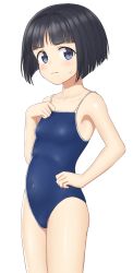 Rule 34 | 10s, 1girl, absurdres, armpits, black hair, blue eyes, blunt bangs, blush, bob cut, breasts, closed mouth, collarbone, competition school swimsuit, covered navel, female focus, girls und panzer, groin, highres, looking at viewer, looking to the side, one-piece swimsuit, sc naru, school swimsuit, short hair, simple background, small breasts, solo, sono midoriko, standing, sweat, swimsuit, white background