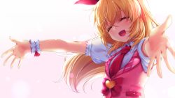 Rule 34 | 1girl, aikatsu!, aikatsu! (series), blonde hair, breasts, chiyonekoko, closed eyes, commentary request, facing away, foreshortening, gradient background, hair between eyes, hair ribbon, highres, hoshimiya ichigo, light particles, necktie, open hands, open mouth, outstretched arms, pink background, puffy short sleeves, puffy sleeves, red necktie, red vest, ribbon, shirt, short sleeves, small breasts, solo, spread arms, standing, upper body, vest, waistcoat, white shirt, wrist cuffs