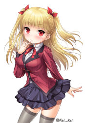 Rule 34 | 1girl, blonde hair, blush, breasts, contrapposto, female focus, finger to mouth, grey thighhighs, kei kei, large breasts, long sleeves, looking at viewer, red eyes, school uniform, shirt, simple background, skirt, solo, standing, thighhighs, tokyo 7th sisters, two side up, uesugi u. kyouko, white background, zettai ryouiki