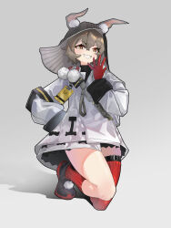 Rule 34 | 1girl, absurdres, animal ear fluff, animal ears, arknights, black hood, blush, brown hair, caper (arknights), commentary request, ears through headwear, ears through hood, gloves, grey background, grin, hair between eyes, highres, hood, hood up, id card, looking at viewer, pom pom (clothes), rabbit ears, rabbit girl, red eyes, red gloves, red socks, red thighhighs, ribbed socks, ribbed thighhighs, short hair, simple background, single sock, single thighhigh, smile, socks, solo, thighhighs, thighs, xuxinqi