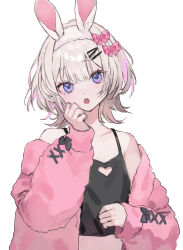 Rule 34 | 1girl, animal ears, black bow, black shirt, blue eyes, bow, clothing cutout, crop top, fake animal ears, hair bow, heart cutout, jacket, looking at viewer, open mouth, original, pink bow, pink jacket, shirt, shugao, solo, white background, white hair