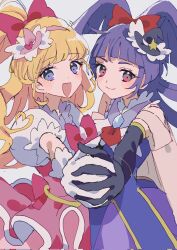 Rule 34 | 2girls, asahina mirai, black gloves, blonde hair, blunt bangs, bow, commentary, cure magical, cure miracle, diamond-shaped brooch, elbow gloves, gloves, hair bow, hat, highres, holding hands, izayoi liko, kozomezuki, long hair, magical girl, mahou girls precure!, mini hat, mini witch hat, multiple girls, one side up, open mouth, pink bow, pink headwear, precure, puffy short sleeves, puffy sleeves, purple eyes, purple hair, red eyes, short bangs, short sleeves, smile, white gloves, witch hat