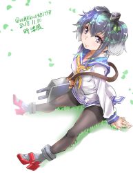 Rule 34 | 1girl, adapted turret, anchor symbol, black hair, black pantyhose, blue sailor collar, brown eyes, character name, dated, dress, full body, gradient hair, grass, hat, headgear, highres, kantai collection, looking at viewer, mini hat, multicolored hair, neckerchief, pantyhose, red footwear, rudder footwear, sailor collar, sailor dress, shirt, short hair, short hair with long locks, sidelocks, sitting, solo, thighband pantyhose, tied shirt, tokitsukaze (kancolle), tororo ten, twitter username, two side up, white background, yellow neckerchief