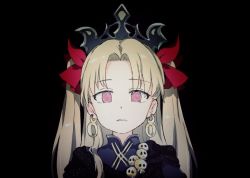 Rule 34 | 1girl, @ @, black background, blonde hair, blue dress, commentary request, dress, earrings, ereshkigal (fate), ereshkigal (third ascension) (fate), fate/grand order, fate (series), gomennasai, hair ribbon, infinity symbol, jewelry, long hair, looking at viewer, parted bangs, parted lips, portrait, red eyes, red ribbon, ribbon, simple background, skull, solo, tiara, two side up, upper body