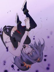 Rule 34 | 1girl, bare shoulders, baton (weapon), belt, black neckwear, black thighhighs, bracelet, choker, flower, hair ornament, heels, highres, jewelry, mole, mole under eye, nail polish, pale skin, purple eyes, purple hair, red nails, revealing clothes, short hair, solo, symonne (tales), tales of (series), tales of zestiria, thighhighs, tubasa49, twintails, upside-down, weapon