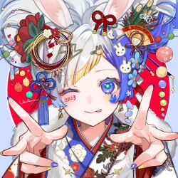 Rule 34 | 1girl, :p, amane uta, animal ears, artist name, blonde hair, blue eyes, blue hair, blue nails, cat hair ornament, closed mouth, double w, earrings, facepaint, flower knot, green pupils, hair ornament, hands up, highres, japanese clothes, jewelry, kimono, multicolored hair, nail polish, one eye closed, original, portrait, rabbit ears, rabbit hair ornament, short hair, solo, tongue, tongue out, w, white hair, yellow nails