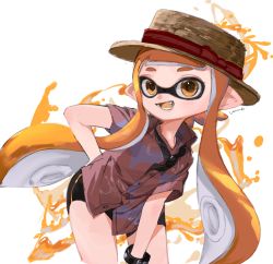 Rule 34 | 1girl, brown eyes, female focus, hat, highres, inkling player character, leaning to the side, nintendo, open mouth, orange hair, pointy ears, solo, splatoon (series), swimsuit, swimsuit under clothes, tentacle hair, ume (plumblossom)