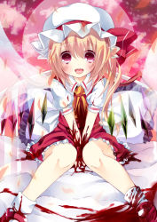 Rule 34 | 1girl, :d, ascot, blonde hair, blood, blush, fang, female focus, flandre scarlet, hat, highres, long hair, open mouth, red eyes, shiori (moechin), side ponytail, sitting, skirt, skirt set, smile, solo, touhou, v arms
