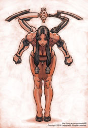 Rule 34 | 1girl, black eyes, black hair, bowing, breasts, cleavage, extra arms, flats, hair ornament, jun sung kwak, large breasts, leaning forward, limited palette, looking at viewer, mechanical arms, muscular, original, panties, parted hair, science fiction, shoes, smile, solo, strapless, tube top, underwear, watermark, web address