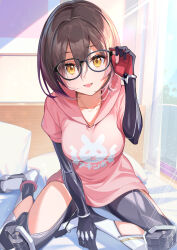 Rule 34 | 1girl, android, brown hair, glasses, highres, hololive, hood, hoodie, kainown, looking at viewer, mechanical arms, mechanical legs, pillow, pink hoodie, roboco-san, short sleeves, solo, teardrop-framed glasses, virtual youtuber, yellow eyes
