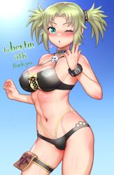 Rule 34 | 1girl, absurdres, alternate breast size, artist name, bikini, black choker, blowing kiss, blue sky, blush, bracelet, breasts, choker, commentary, commission, droite (tales), english commentary, folks (nabokof), green eyes, green hair, green nails, hair rings, heart, highres, jewelry, large breasts, one eye closed, open mouth, sidelocks, signature, skull brooch, sky, solo, sun, sunlight, swimsuit, tales of (series), tales of vesperia, thigh ring, twintails