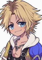 Rule 34 | 1boy, armor, artist name, black overalls, blonde hair, blue eyes, chain, chain necklace, chibi, earrings, final fantasy, final fantasy x, hood, hood down, hoodie, jewelry, light blush, looking at viewer, male focus, necklace, overalls, parted bangs, portrait, short hair, shoulder armor, single earring, smile, smirk, solo, tidus, ttnoooo, upper body, white background, white hood, yellow hoodie