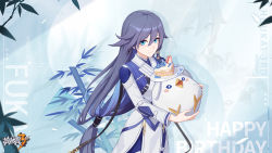 Rule 34 | 1girl, birthday cake, blue eyes, blue flower, cake, chinese clothes, flower, food, fruit, fu hua, fu hua (azure empyrea), fu hua (taixuan impression), grey hair, happy birthday, highres, holding, holding toy, honkai (series), honkai impact 3rd, long hair, long sleeves, looking at viewer, official art, official wallpaper, smile, strawberry, stuffed animal, stuffed bird, stuffed toy, toy
