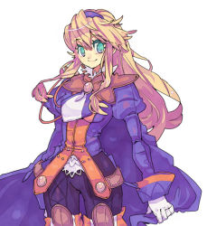 Rule 34 | 1girl, ahoge, aqua eyes, arms at sides, blonde hair, borogove, clarissa arwin, cloak, coat, gloves, hairband, long hair, necktie, pants, sidelocks, simple background, smile, solo, thighhighs, white background, wild arms, wild arms xf