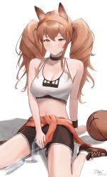 Rule 34 | 1girl, absurdres, angelina (arknights), animal ears, arknights, bad id, bad pixiv id, ball, bare arms, bare shoulders, basketball, basketball (object), black choker, black footwear, black shorts, blush, bottle, breasts, brown eyes, brown hair, choker, cleavage, clothes around waist, commentary request, crop top, fox ears, hair between eyes, hairband, highres, hyakuu ty1, infection monitor (arknights), jacket, jacket around waist, large breasts, long hair, looking at viewer, midriff, navel, official alternate costume, partial commentary, shoes, short shorts, shorts, simple background, sitting, sneakers, solo, sports bra, stomach, thighs, twintails, wariza, water bottle, white background