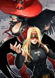 Rule 34 | 1boy, 1girl, angel wings, bat wings, black gloves, black hair, black wings, blonde hair, breasts, bridal gauntlets, demon boy, demon wings, elbow gloves, electric guitar, feathered wings, fingerless gloves, gloves, green-tinted eyewear, guilty gear, guilty gear strive, guitar, hat, highres, i-no, instrument, long hair, looking at viewer, medium breasts, medium hair, mole, mole above mouth, mole under mouth, red blindfold, red footwear, red headwear, sptn 00, tinted eyewear, wings, witch hat, zato-1