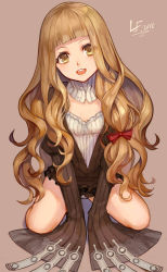 Rule 34 | 1girl, :d, blonde hair, hair ribbon, head tilt, highres, kneeling, lf (paro), red riding hood (sinoalice), long hair, looking at viewer, open mouth, ribbon, simple background, sinoalice, sleeves past wrists, smile, solo, yellow eyes