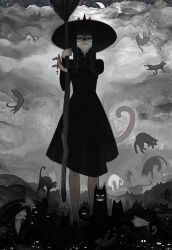 Rule 34 | 1girl, :3, animal ears, animal nose, bags under eyes, black hair, broom, cat, cat ears, cat girl, cat tail, claws, closed mouth, cloud, cloudy sky, crescent moon, cross, cross necklace, ears through headwear, eyes in shadow, female focus, furry, furry female, furstang, glasses, glowing, glowing eyes, grey background, greyscale, half-closed eyes, hands up, hat, highres, holding, holding broom, holding jewelry, holding necklace, jewelry, latin cross, long hair, long sleeves, looking at viewer, monochrome, moon, necklace, night, original, outdoors, round eyewear, sidelocks, sky, solo, speech bubble, star (sky), straight-on, tail, too many, too many cats, witch, witch hat