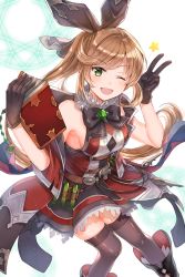 Rule 34 | 10s, 1girl, ;d, aqua eyes, armpits, bare shoulders, black gloves, black thighhighs, blush, book, breasts, brown hair, cape, clarisse (granblue fantasy), gloves, granblue fantasy, green eyes, hair ribbon, long hair, looking at viewer, medium breasts, myusha, one eye closed, open mouth, orange hair, ponytail, ribbon, sideboob, skirt, smile, solo, thighhighs