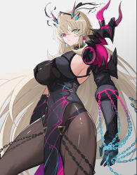 Rule 34 | 1girl, armor, bare shoulders, black dress, black gloves, blonde hair, breasts, brown pantyhose, chain, covered navel, dress, earrings, elbow gloves, barghest (fate), barghest (second ascension) (fate), fate/grand order, fate (series), gauntlets, gloves, green eyes, heterochromia, highres, horns, jewelry, large breasts, long hair, looking at viewer, md5 mismatch, pantyhose, pauldrons, pelvic curtain, red eyes, resolution mismatch, rikui (rella2930), shoulder armor, sideboob, single gauntlet, single pauldron, solo, source smaller, thighs, very long hair