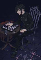 Rule 34 | 1boy, absurdres, ahoge, black footwear, black hair, black jacket, black pants, board game, breast pocket, brown eyes, brown footwear, buttons, chair, chess, chess piece, closed mouth, commentary request, danganronpa (series), danganronpa v3: killing harmony, double-breasted, gun, handgun, highres, jacket, kudo (kddrv3), long sleeves, looking at viewer, male focus, pants, pistol, pocket, saihara shuichi, shoes, short hair, sitting, solo, striped clothes, striped jacket, table, weapon