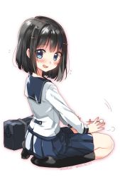 Rule 34 | 1girl, :d, bag, between fingers, black hair, black socks, blue eyes, blue skirt, blush, character request, dated, duffel bag, embarrassed, fingernails, flying sweatdrops, from behind, full body, hair ornament, hairclip, holding, kneehighs, koruri, lap pillow invitation, long sleeves, looking at viewer, looking back, mimikaki, motion lines, no shoes, open mouth, patting lap, pleated skirt, school uniform, seiza, serafuku, shirt, short hair, simple background, sitting, skirt, smile, socks, soles, solo, sweat, tareme, twitter username, white background, white shirt