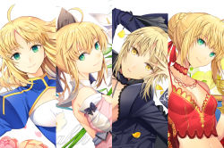 Rule 34 | 10s, 3girls, ahoge, artoria pendragon (all), artoria pendragon (fate), bad id, bad pixiv id, blonde hair, blue eyes, breasts, choker, cleavage, detached sleeves, ells, fate/extra, fate/stay night, fate/unlimited codes, fate (series), flower, green eyes, juliet sleeves, long sleeves, looking at viewer, medium breasts, midriff, multiple girls, navel, nero claudius (fate), nero claudius (fate), nero claudius (fate/extra), puffy sleeves, saber (fate), saber alter, saber lily, small breasts, smile, type-moon, white background