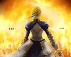 Rule 34 | 1girl, armor, armored dress, artoria pendragon (fate), bad id, bad pixiv id, blonde hair, copyright name, dress, excalibur (fate/stay night), fate/stay night, fate/zero, fate (series), faulds, fire, from behind, gauntlets, hair ribbon, ribbon, ririko deluxe, saber (fate), solo, sword, weapon