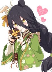 Rule 34 | 1girl, black hair, box, closed mouth, ear covers, gift, gift box, green kimono, heart, highres, horse girl, japanese clothes, kamuraaa 615, kimono, long hair, looking at viewer, manhattan cafe (verdant night) (umamusume), official alternate costume, simple background, single ear cover, solo, umamusume, white background, yellow eyes