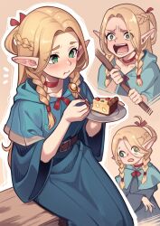 Rule 34 | 1girl, absurdres, belt, blonde hair, blue capelet, blue robe, blush, braid, capelet, choker, commentary, drop shadow, dungeon meshi, eating, elf, english commentary, eyelashes, food, french braid, green eyes, hair around ear, hair between eyes, hair over one eye, half updo, hands up, highres, holding, holding plate, holding spoon, holding staff, hood, hood down, hooded capelet, jellypon, long hair, long sleeves, looking ahead, marcille donato, multiple braids, multiple views, open mouth, parted bangs, plate, pointy ears, robe, side braid, sitting, spoon, staff, tart (food), tart slice, tearing up, wall-eyed, wide sleeves