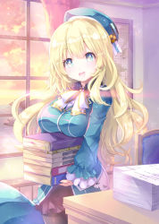 Rule 34 | 10s, 1girl, :d, absurdres, ascot, atago (kancolle), ayuya naka no hito, beret, black pantyhose, blonde hair, blue eyes, book, book stack, bookmark, breast rest, breasts, carrying, chair, curtains, desk, eyelashes, female focus, hat, highres, indoors, jacket, kantai collection, large breasts, long hair, long sleeves, looking at viewer, no gloves, ocean, open mouth, pantyhose, paper, skirt, smile, solo, sunset, window