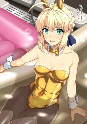 Rule 34 | 1girl, ahoge, alternate costume, animal ears, artoria pendragon (all), artoria pendragon (fate), bare shoulders, blonde hair, bow, bowtie, braid, braided bun, breasts, brown pantyhose, cleavage, collarbone, commentary request, detached collar, fake animal ears, fate/stay night, fate (series), green eyes, hair bun, haruhisky, highres, leotard, looking at viewer, medium breasts, pantyhose, parted lips, partially submerged, playboy bunny, rabbit ears, saber (fate), single hair bun, sitting, soapland, solo, sweat, water, wrist cuffs, yellow bow, yellow bowtie, yellow leotard