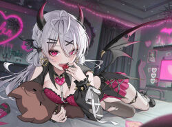 Rule 34 | 1girl, bed, black footwear, black jacket, black nails, black pantyhose, blush, breasts, can, candle, candlestand, chair, cherry, cleavage, clothing cutout, commentary, curtains, demon girl, demon horns, demon wings, desk, drink can, earrings, eating, english commentary, food, fruit, grey hair, hair ornament, hair over one eye, hairclip, heart, heart earrings, heartki, highres, horns, indoors, jacket, jewelry, large breasts, long hair, long sleeves, looking at viewer, lying, mirror, monitor, nail polish, neon sign, on stomach, open mouth, original, pantyhose, pink eyes, red shirt, red skirt, shelf, shirt, shoulder cutout, single leg pantyhose, single wing, skirt, skull, socks, soda can, stuffed toy, thigh strap, torn clothes, torn pantyhose, white socks, wings, x hair ornament