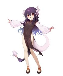 Rule 34 | 1girl, :o, absurdres, blush, commentary request, covered navel, fang, flat chest, full body, highres, horns, long hair, long sleeves, original, outstretched arms, pelvic curtain, pg (pege544), purple hair, red eyes, simple background, solo, standing, tail, white background