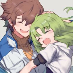 Rule 34 | 1boy, 1girl, :d, auru t, blue jacket, brown hair, closed eyes, commentary request, curtained hair, eiyuu densetsu, green hair, grey background, hand on another&#039;s head, hug, jacket, jewelry, kea (eiyuu densetsu), lloyd bannings, long hair, multicolored clothes, multicolored jacket, necklace, open mouth, short hair, simple background, smile, sweater, two-tone jacket, white jacket, yellow sweater, zero no kiseki