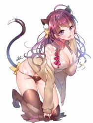 Rule 34 | 10s, 1girl, :3, ahoge, aile (crossroads), animal ears, blush, bow, breasts, brown hair, brown panties, brown thighhighs, cat ears, cat girl, cat tail, cleavage, clothes pull, earrings, female focus, hair bow, ichinose shiki, idolmaster, idolmaster cinderella girls, jewelry, large breasts, looking at viewer, open mouth, panties, purple eyes, simple background, sketch, skirt, skirt pull, smile, solo, tail, thighhighs, underwear, white background