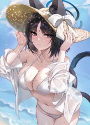 Rule 34 | 1girl, absurdres, animal ears, bikini, black eyes, black hair, blue archive, blue halo, blush, breasts, cat ears, cat tail, cleavage, closed mouth, collarbone, cowboy shot, day, groin, halo, hat, highres, jacket, kikyou (blue archive), large breasts, long sleeves, looking at viewer, multiple tails, navel, ocean, open clothes, open jacket, outdoors, raki kr, short hair, solo, straw hat, swimsuit, tail, two tails, water, white bikini, white jacket